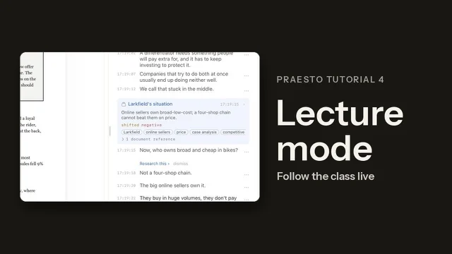 Praesto in Lecture mode on an iPad, with the live transcript beside the page and a topic card between the lines.