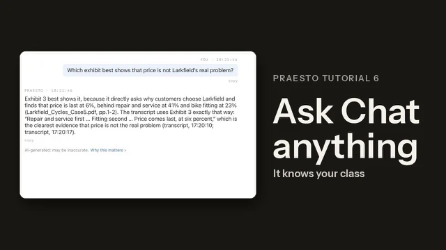 Praesto Chat on an iPad, answering a question about a class and naming the transcript lines it used.